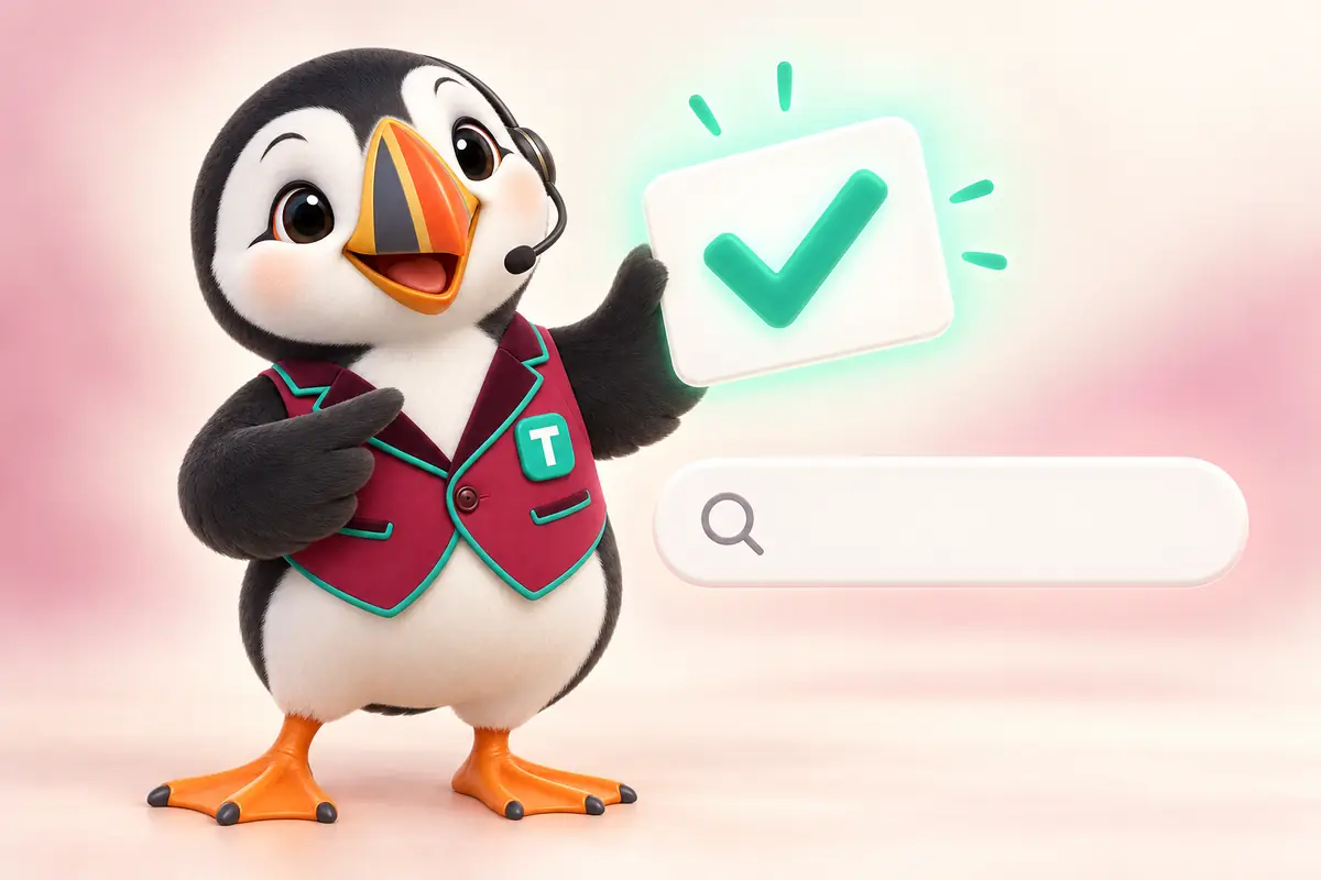 Tolly holding a glowing answer card above a search bar