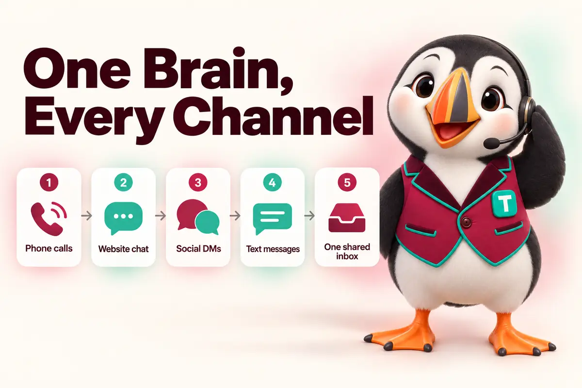 One Brain, Every Channel: Phone calls, Website chat, Social DMs, Text messages, One shared inbox. Infographic with Tolly the puffin.