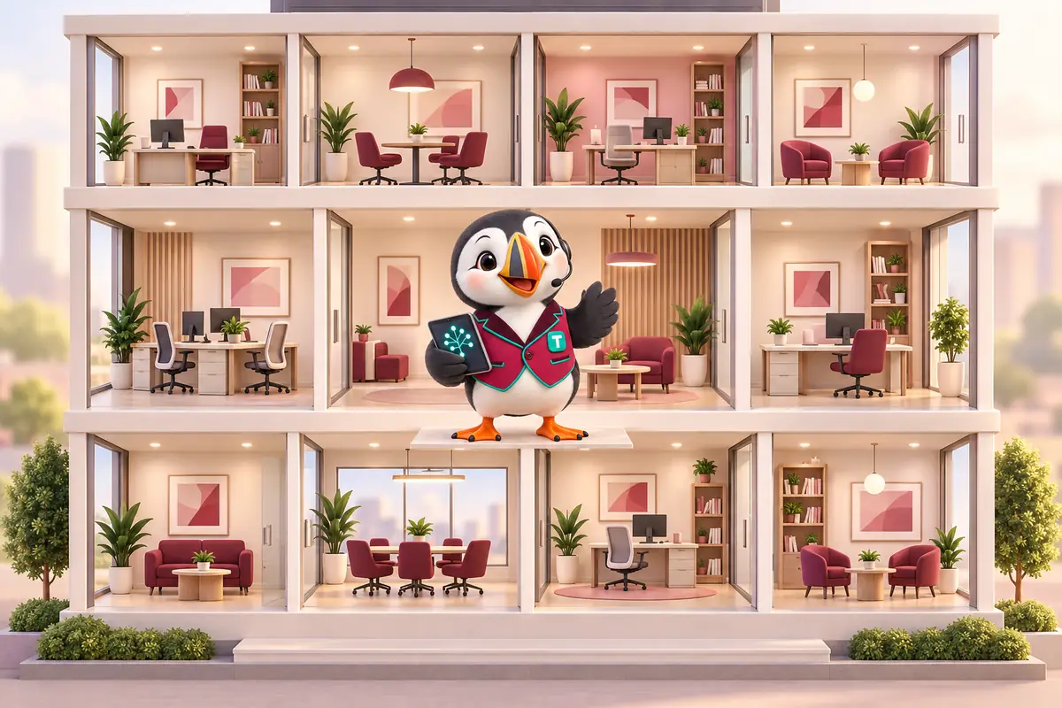 Tolly standing on one floor of a cutaway office building