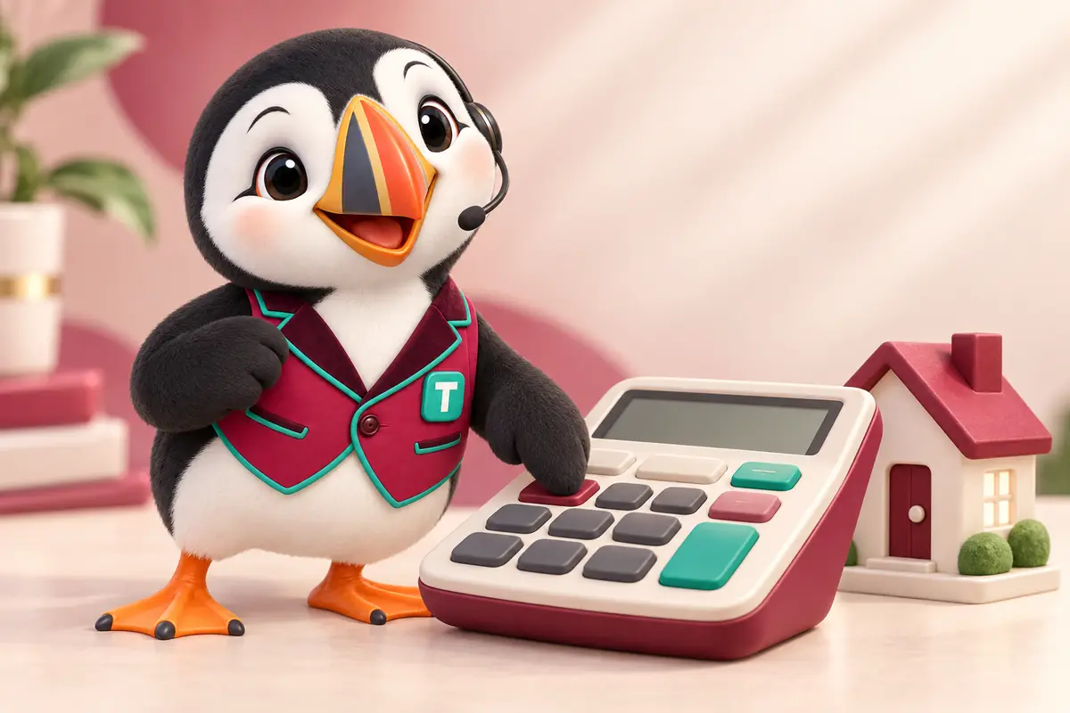 Tolly tapping a big desk calculator next to a small house