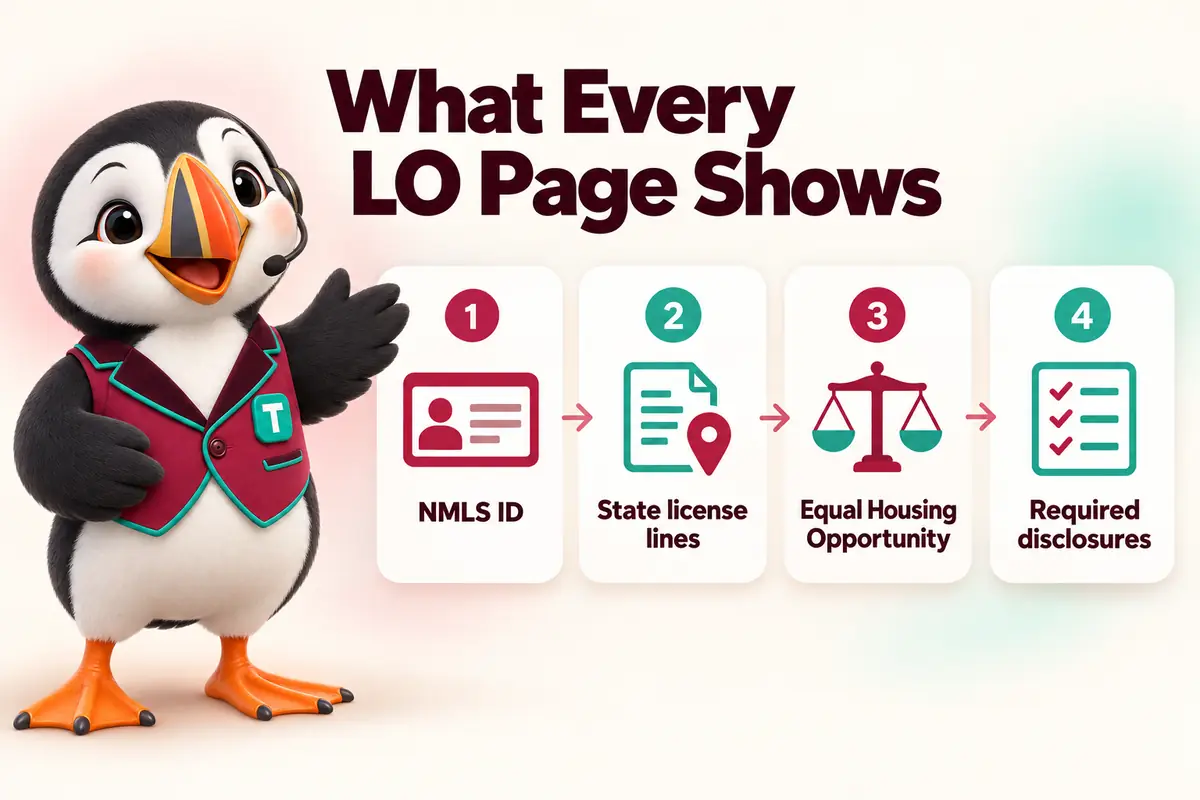 What Every LO Page Shows: NMLS ID, State license lines, Equal Housing Opportunity, Required disclosures. Infographic with Tolly the puffin.
