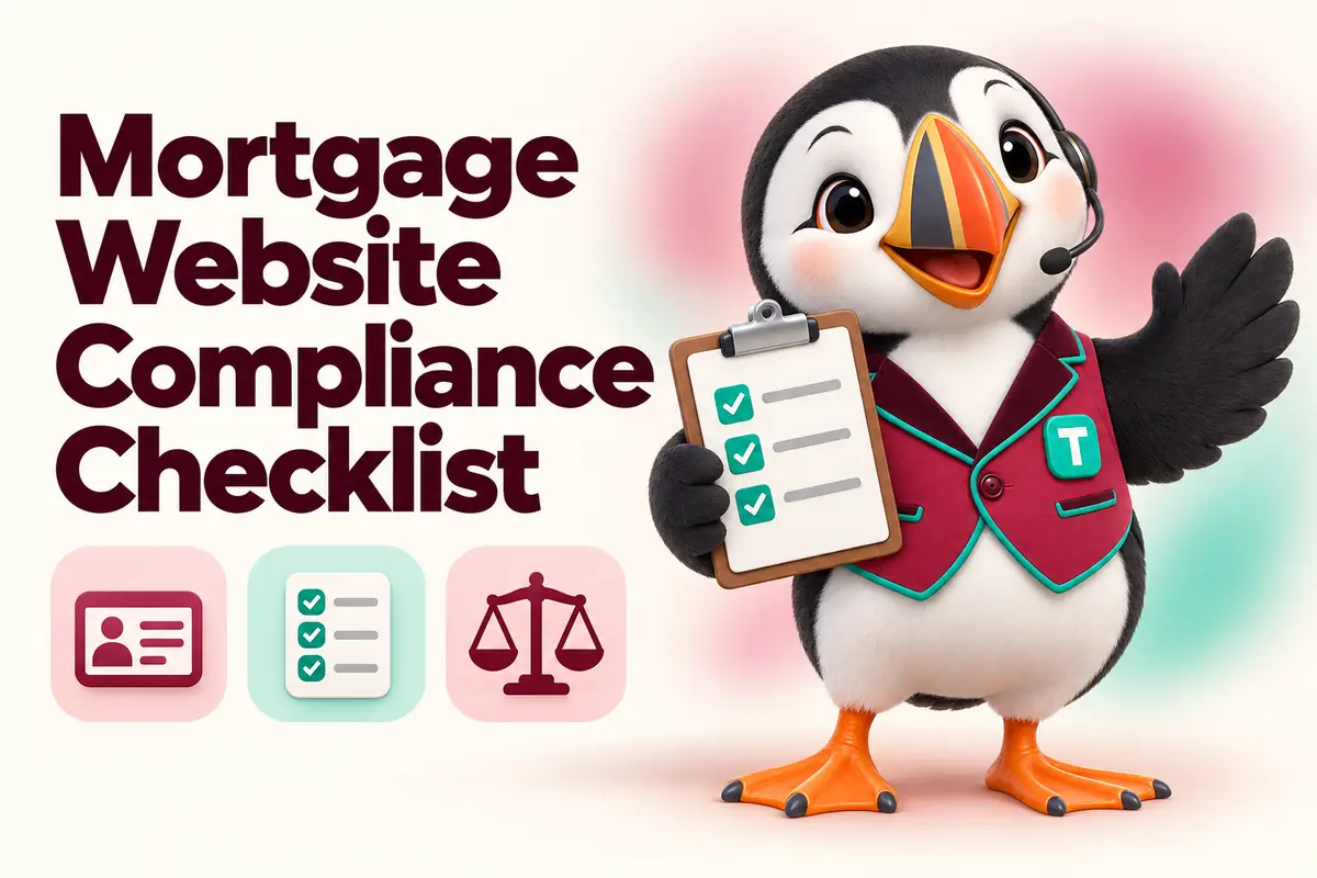 Blog cover: Mortgage Website Compliance Checklist, with Tolly the puffin holding a clipboard