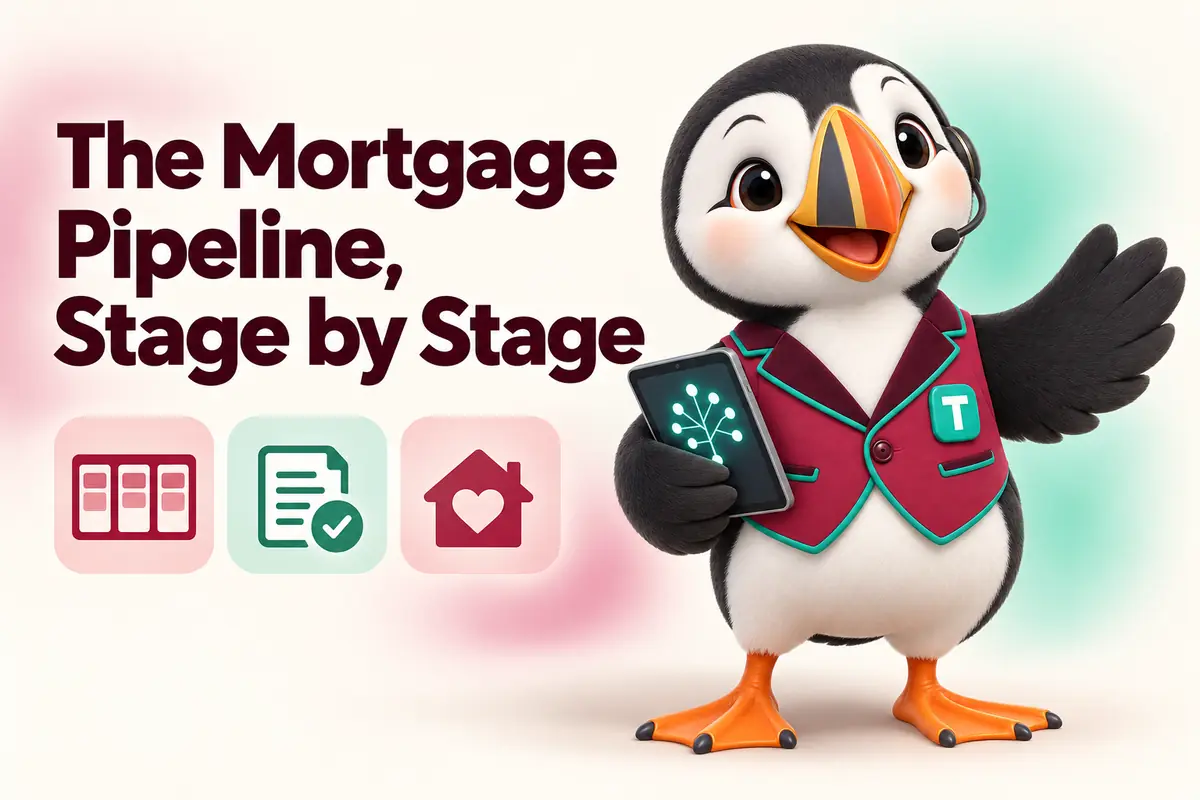 Blog cover: The Mortgage Pipeline, Stage by Stage, with Tolly the puffin presenting