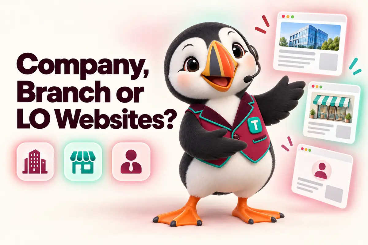 Blog cover: Company, Branch or LO Websites?, with Tolly the puffin presenting three browser windows