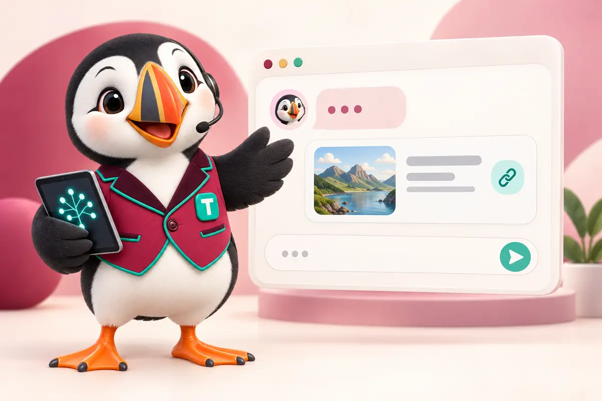 Tolly beside an AI assistant chat window that shows a link card to a website