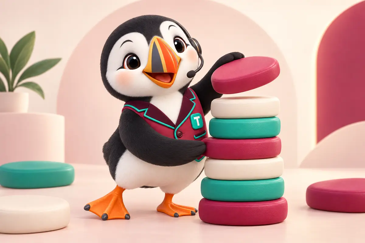 Tolly stacking garnet, ivory and jade seat tiles into a tower