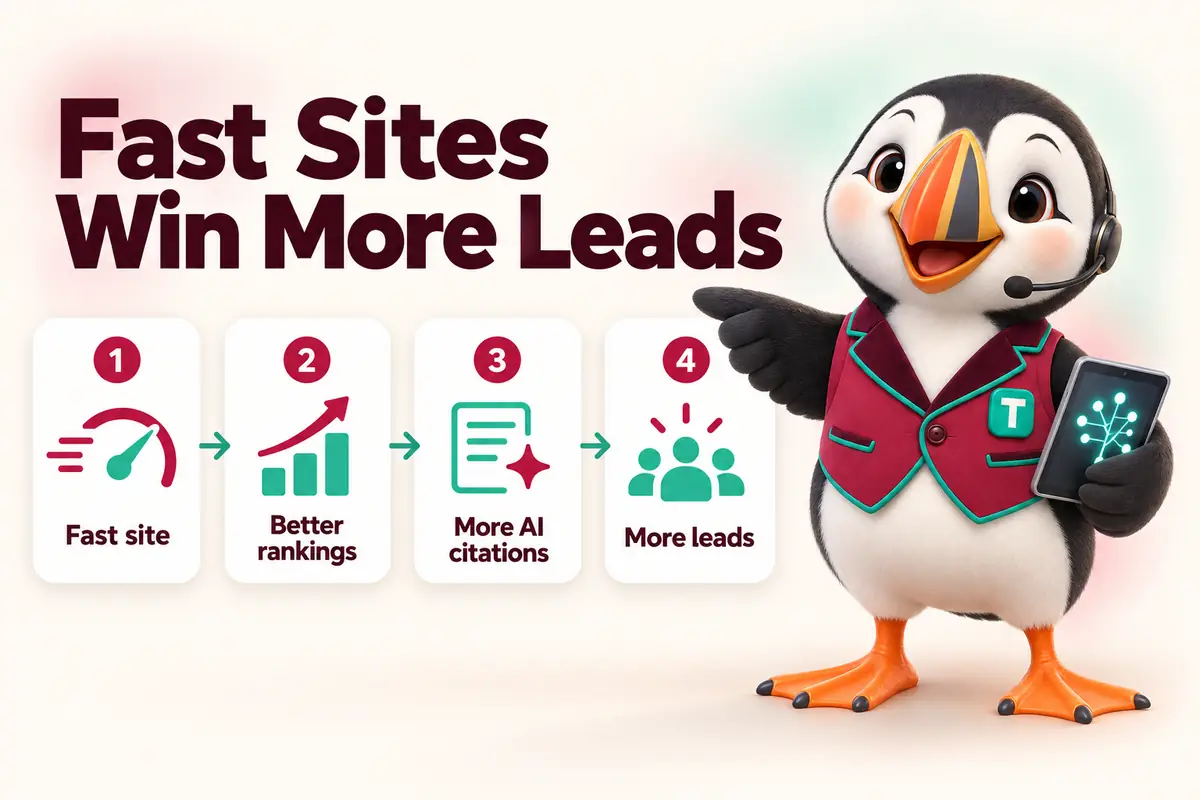 Fast Sites Win More Leads: Fast site, Better rankings, More AI citations, More leads. Infographic with Tolly the puffin.