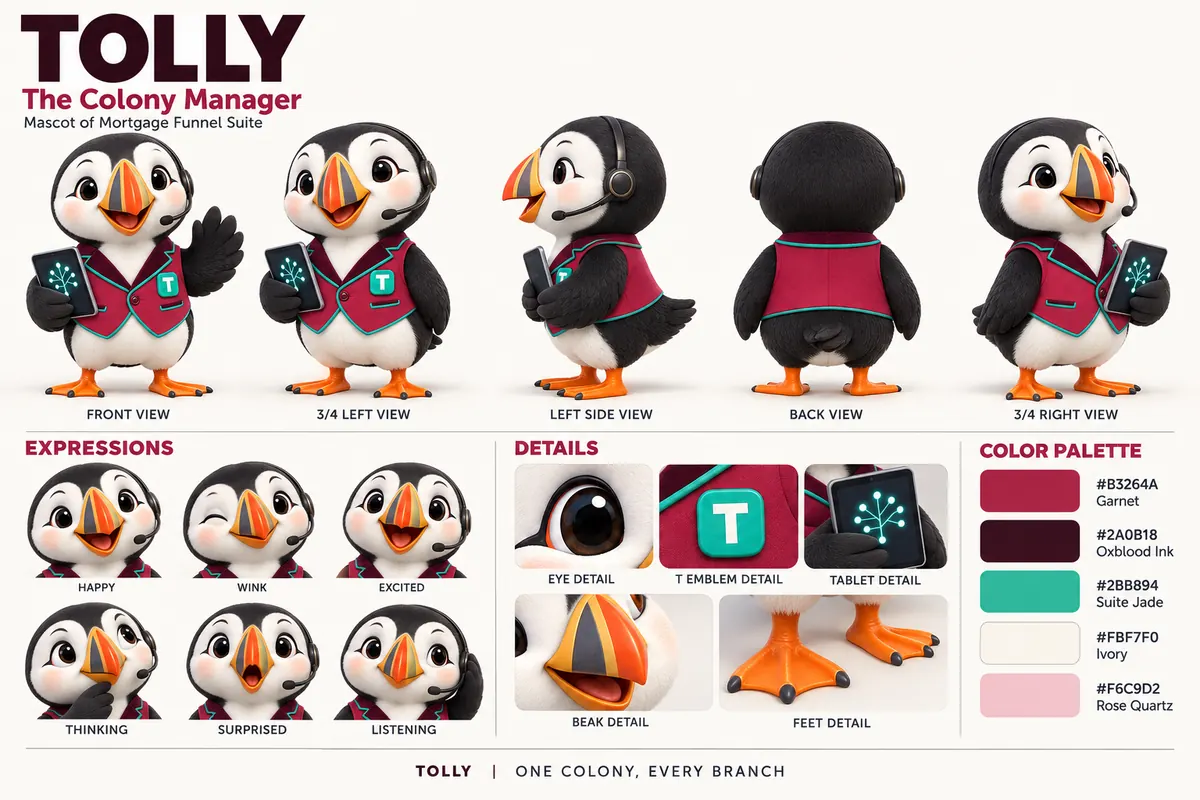 Tolly character reference sheet: turnaround views, six expressions, detail close-ups and the colour palette